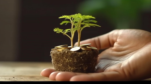 Plant seedling growing from seed with human hand Earth day conceptgenerative ai