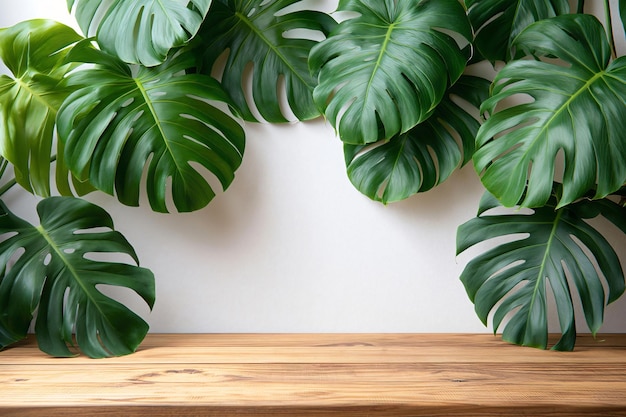 a plant on a shelf with a white wall behind it