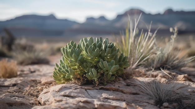 A plant sits on a rock in the desert