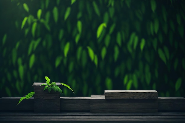 A plant sits on a table in front of a green wall with a green background.