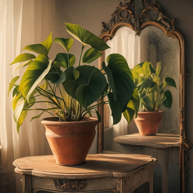 a plant sits on a table next to a mirror