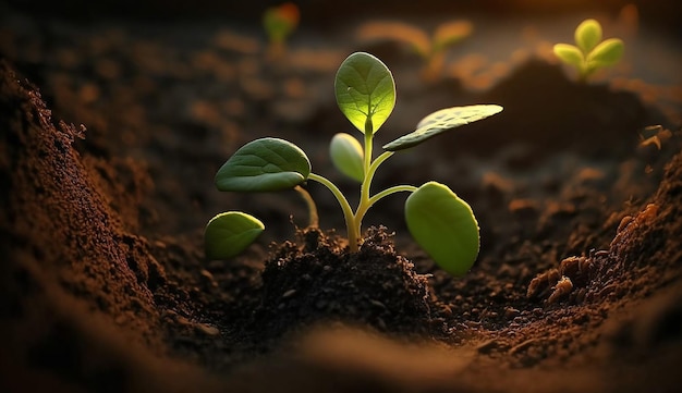 A plant in the soil with the sun shining on it