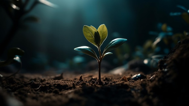 A plant sprouting from the ground in a dark room