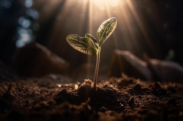 A plant sprouting from the ground with the sun shining on it