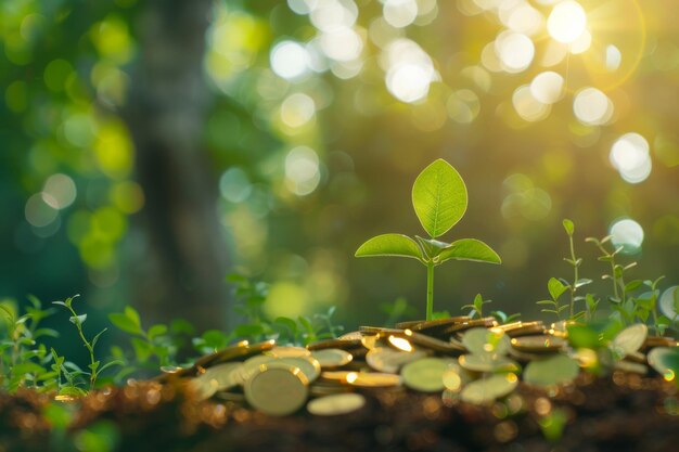 Photo a plant sprouting from a pile of coin