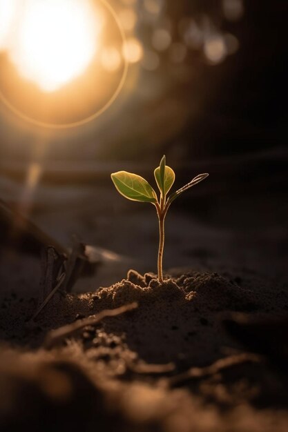 A plant sprouting in the sand with the sun shining on it