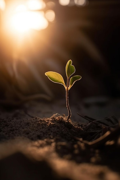 A plant sprouting in the sand