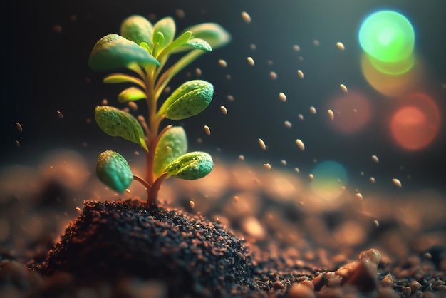 A plant sprouts from the ground in the dark