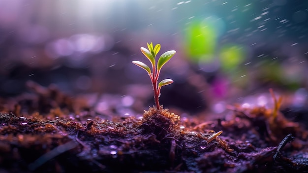 A plant sprouts from the ground in the rain