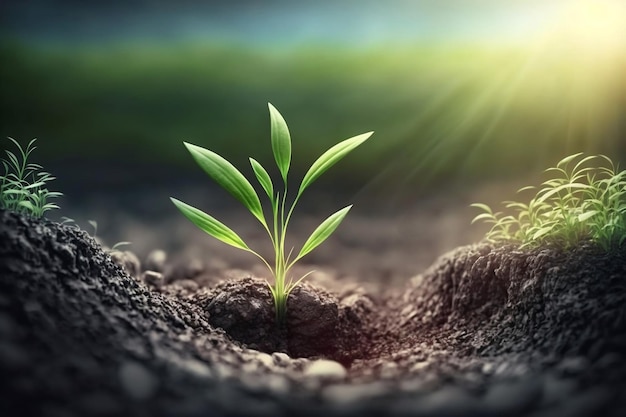 A plant sprouts in the soil with the sun shining on it.