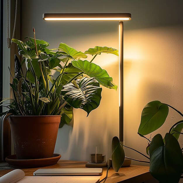 Photo a plant on a table with a lamp that is lit up