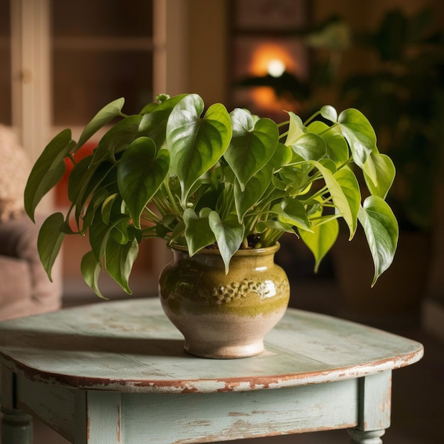 a plant on a table with a potted plant on it