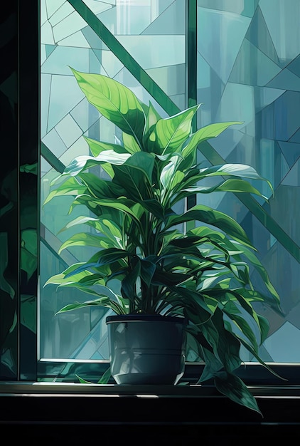 a plant that is sitting on a window sill in the style of emerald