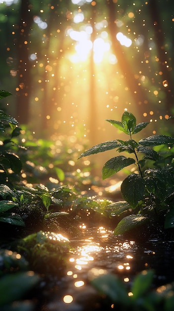 a plant in the water with the sun shining behind it