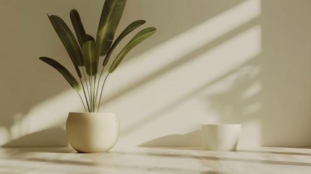 a plant in a white pot is on a table with a plant in it