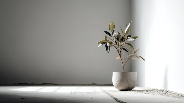 A plant in a white pot sits on a floor in front of a white wall.