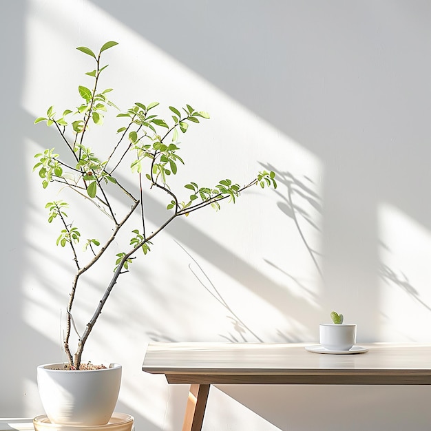 a plant in a white pot sits on a table