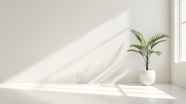 a plant in a white pot sits on a window sill