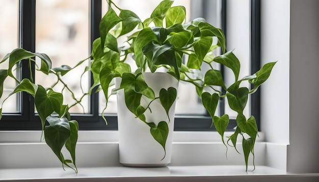 a plant in a white pot sits on a windowsill