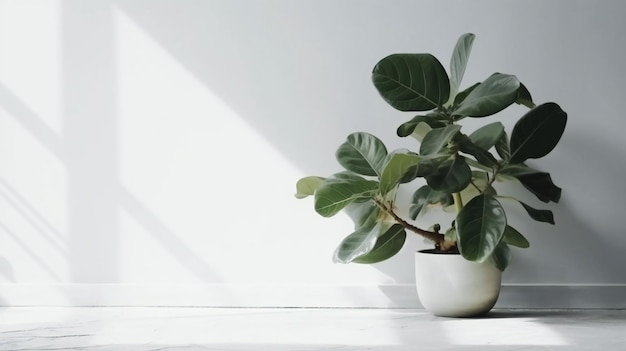 A plant on a white table with the sun shining on it