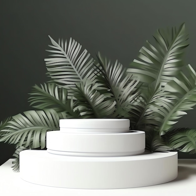 A plant next to a white table with a white table top.