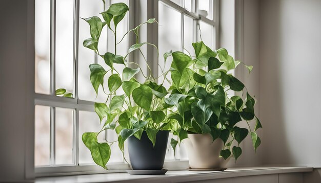 a plant on a window sill with a plant in it