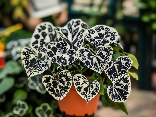 a plant with black and white flowers in a pot