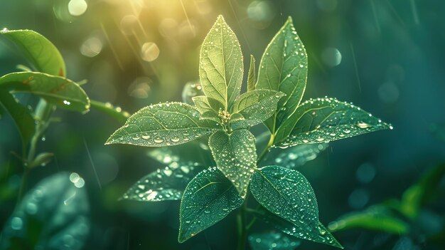 a plant with dew drops on it and the sun shining through it