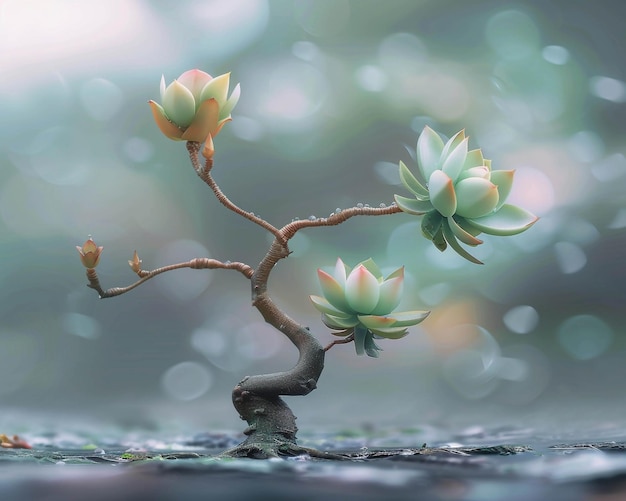 Photo a plant with flowers on it is growing out of a puddle