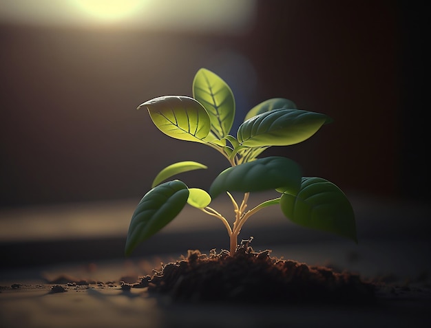 A plant with green leaves in the dark