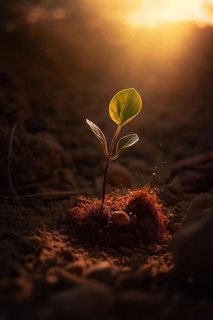 A plant with green leaves in the dark