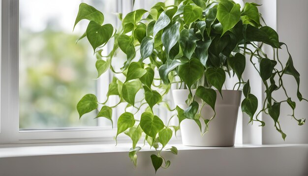 a plant with green leaves on it sits on a window sill