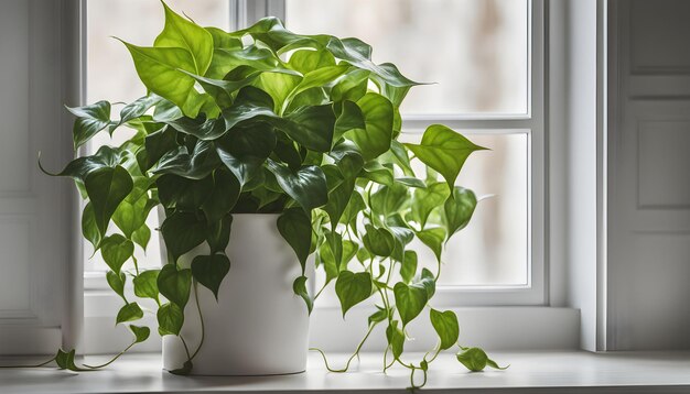 a plant with green leaves on it sits on a window sill