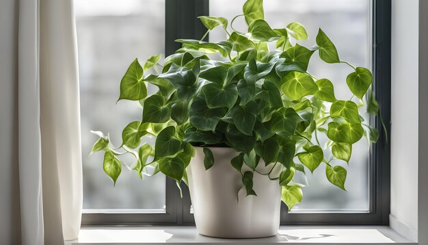 a plant with green leaves on it sits on a windowsill