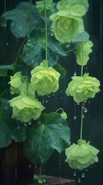 A plant with green leaves and the leaves are covered in raindrops.