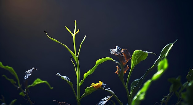 A plant with green leaves and a light on it