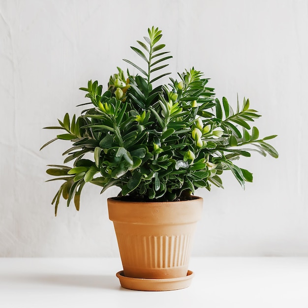 a plant with green leaves in a pot on a table