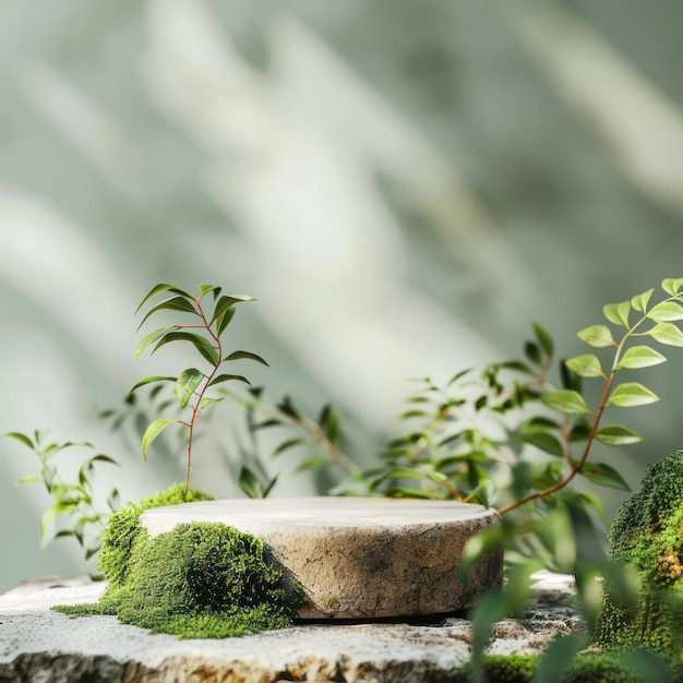 a plant with green leaves and a rock with a plant growing out of it