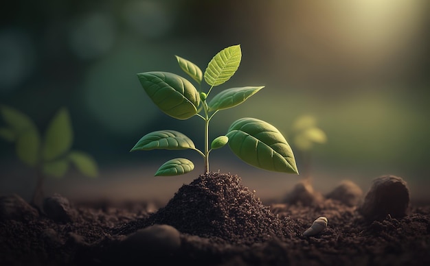 A plant with green leaves sprouting from the ground earth day