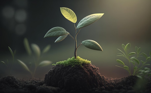 A plant with green leaves sprouting from the ground earth day