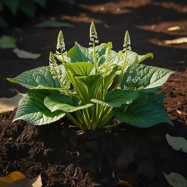 A plant with green leaves sprouting from the ground