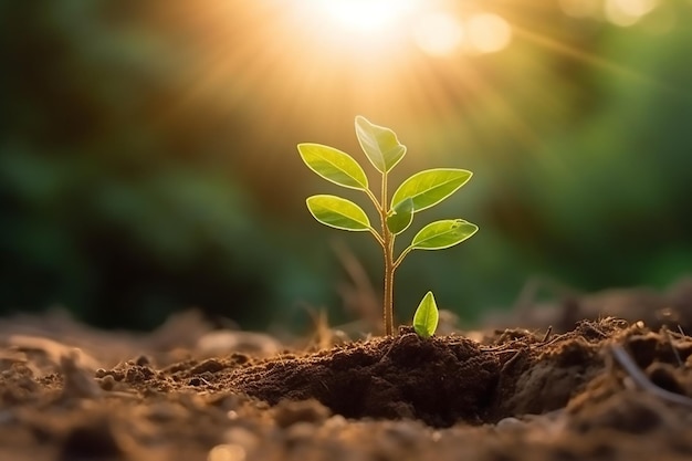 A plant with green leaves sprouting from the ground