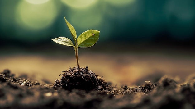 A plant with green leaves sprouting from the soil