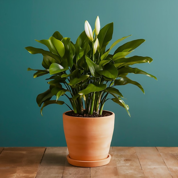 a plant with green leaves on a wooden table