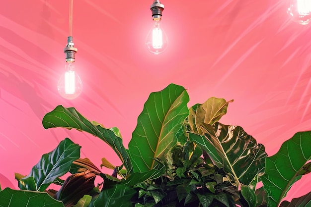 a plant with hanging lights and a plant with a pink background