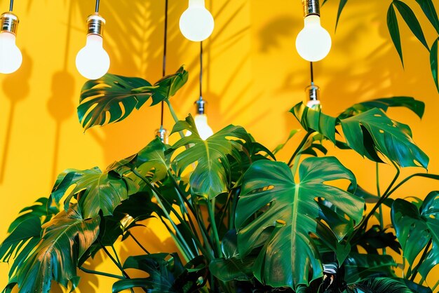 Photo a plant with hanging lights and a plant with a yellow background