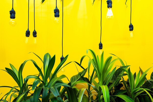 Photo a plant with hanging lights and a plant with a yellow background