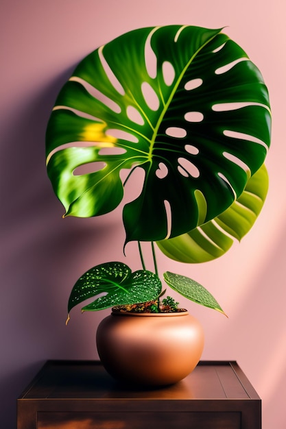 A plant with a large leaf in a brown pot with the word home on it