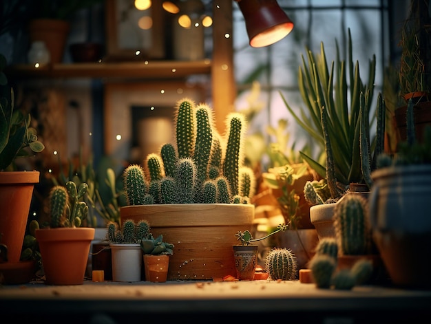 a plant with many pots and a lamp in the background