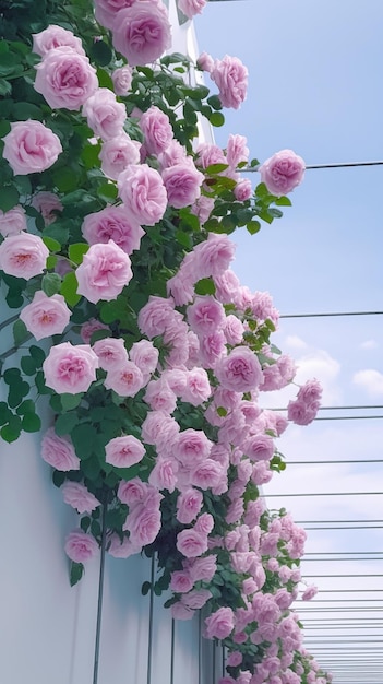 A plant with pink flowers in a row